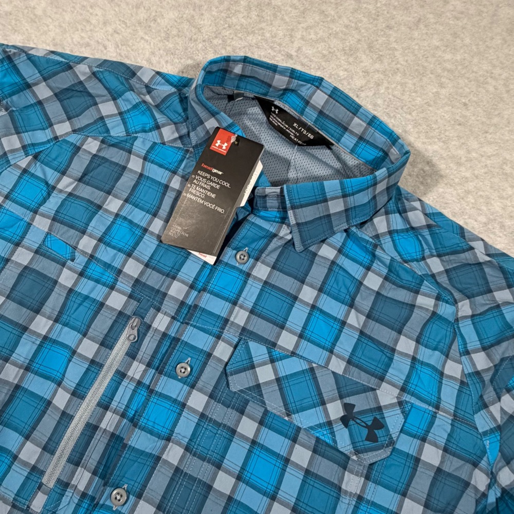 Under Armour Button Down Shirt Men XL Blue Plaid NWT HeatGear UPF 50+